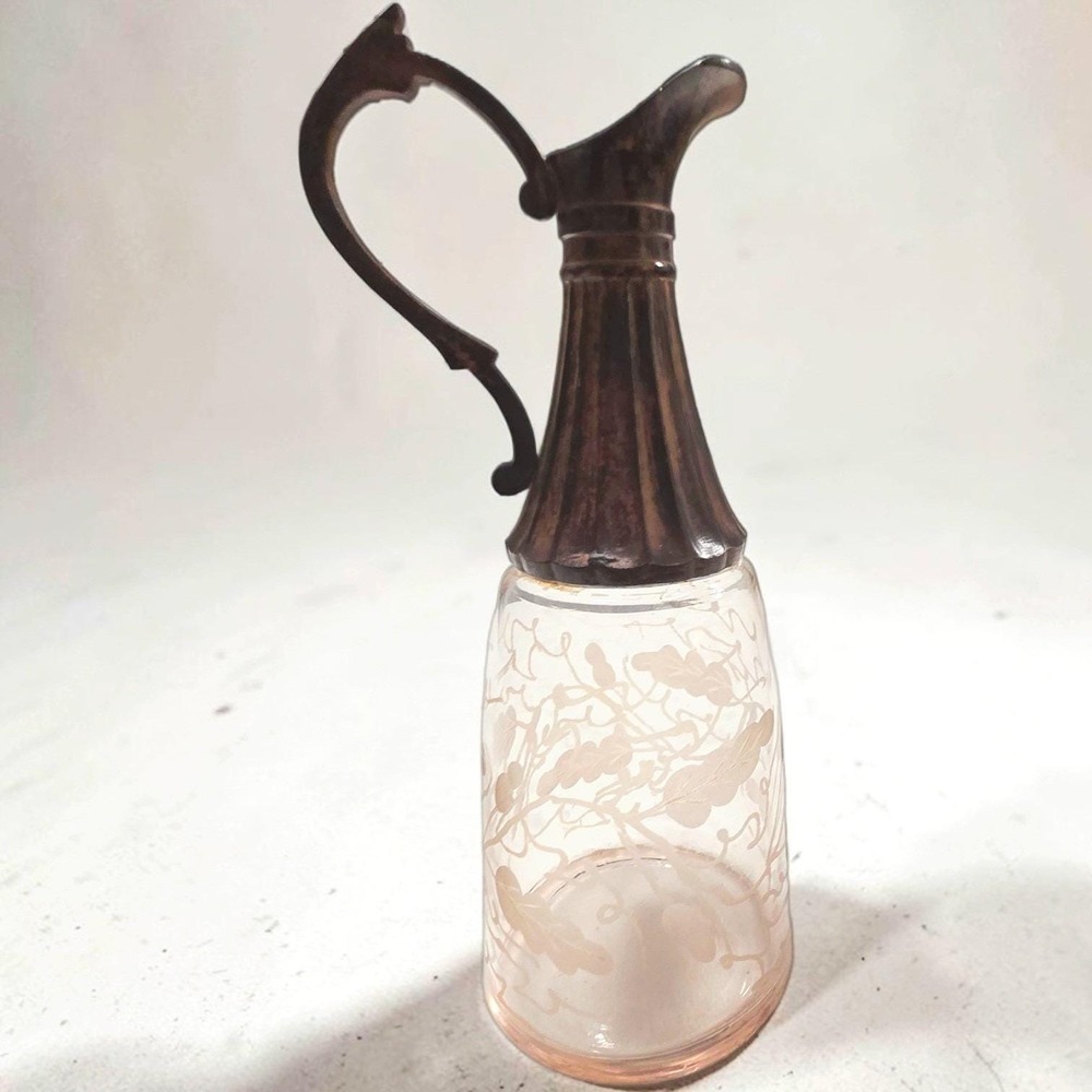 Vintage Pink Blush Glass Claret - Etched Floral - Metal Top - MCM 12.25 inches